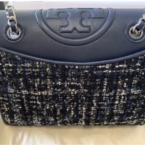 Tory Burch Black and Blue Tweed Shoulder Bag